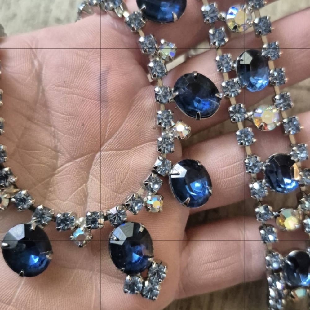 Stunning Vintage Blue & AB rhinestone married necklace & bracelet set/ silver
